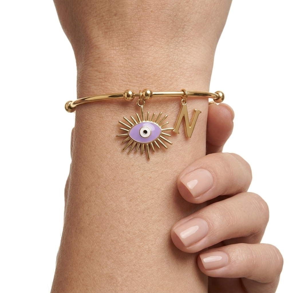 Personalized Evil Eye Charm Bangle | Lavender