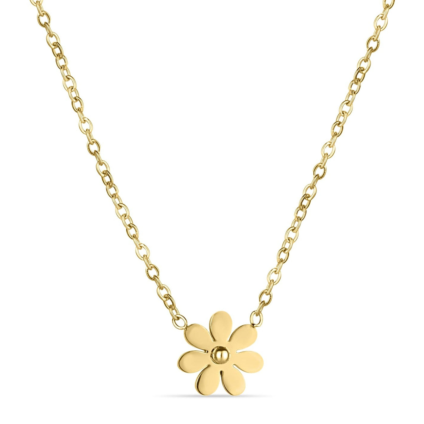 Gold necklace with a small flower pendant on a white background