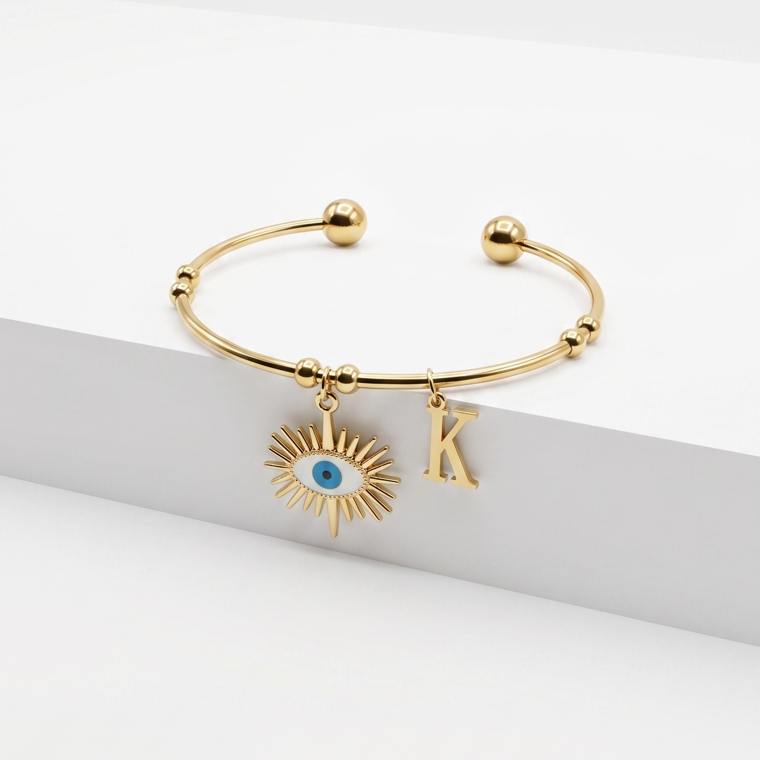 Personalized Evil Eye Charm Bangle | White