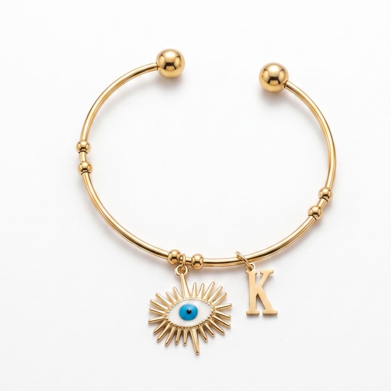 Personalized Evil Eye Charm Bangle | White