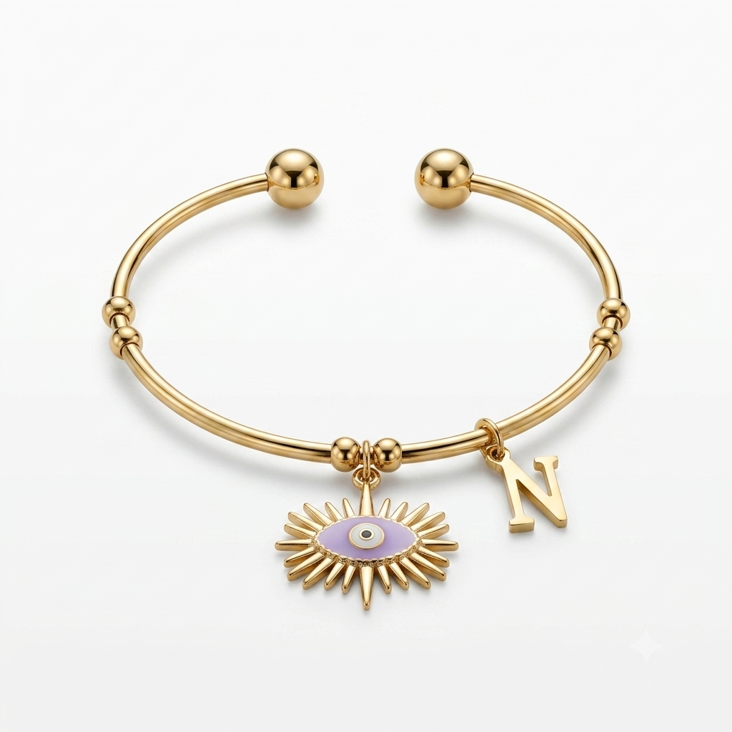 Personalized Evil Eye Charm Bangle | Lavender