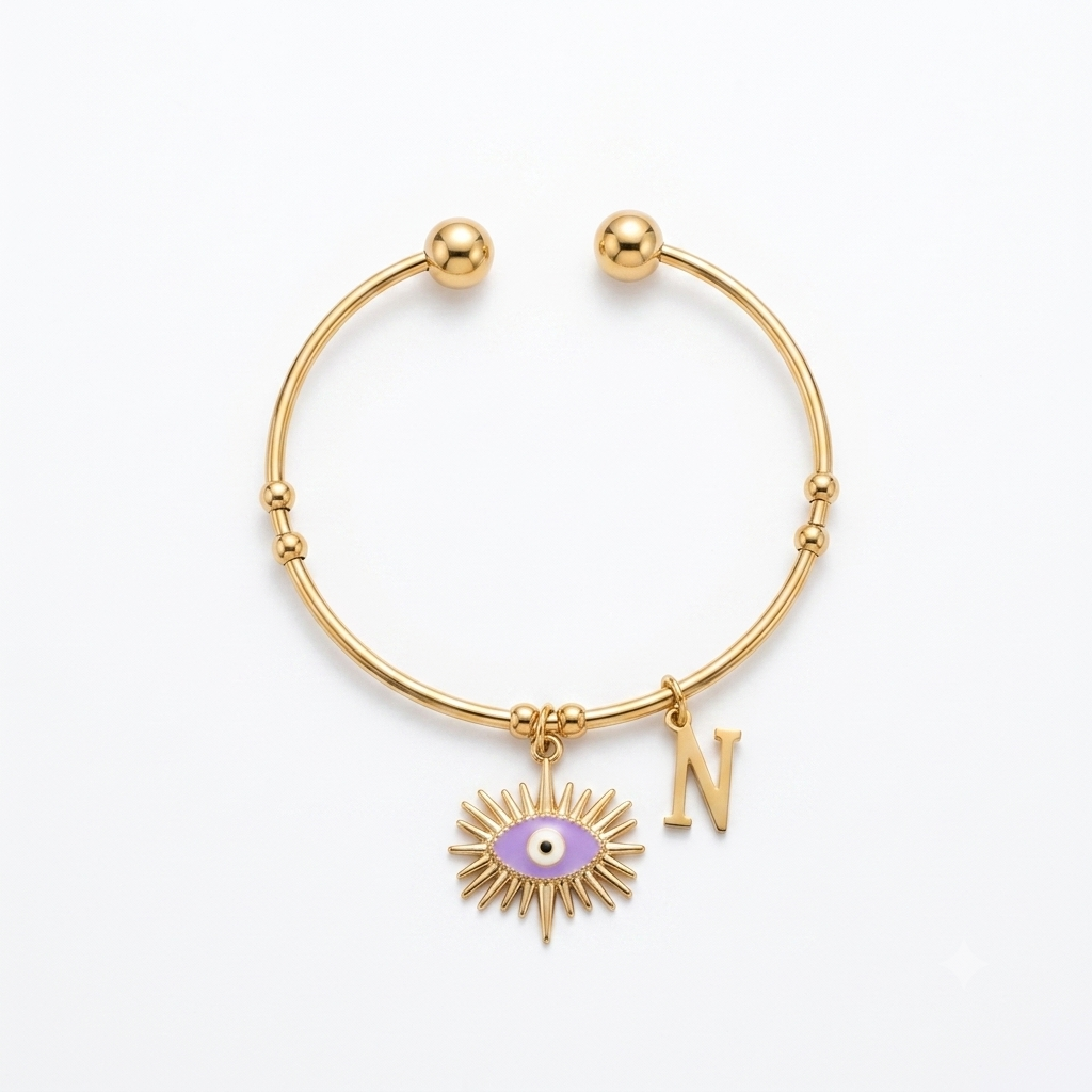 Personalized Evil Eye Charm Bangle | Lavender