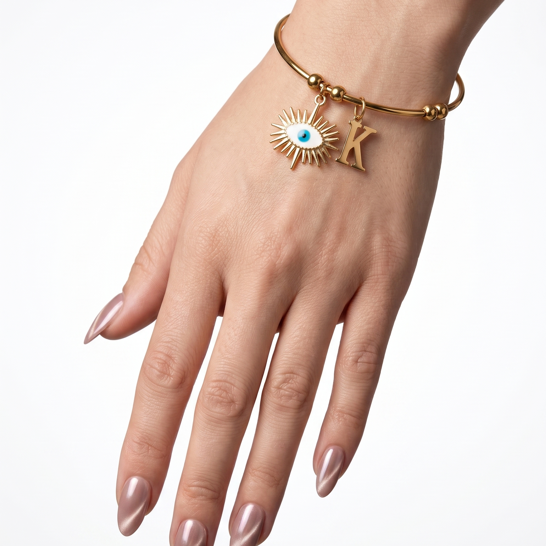 Personalized Evil Eye Charm Bangle | White