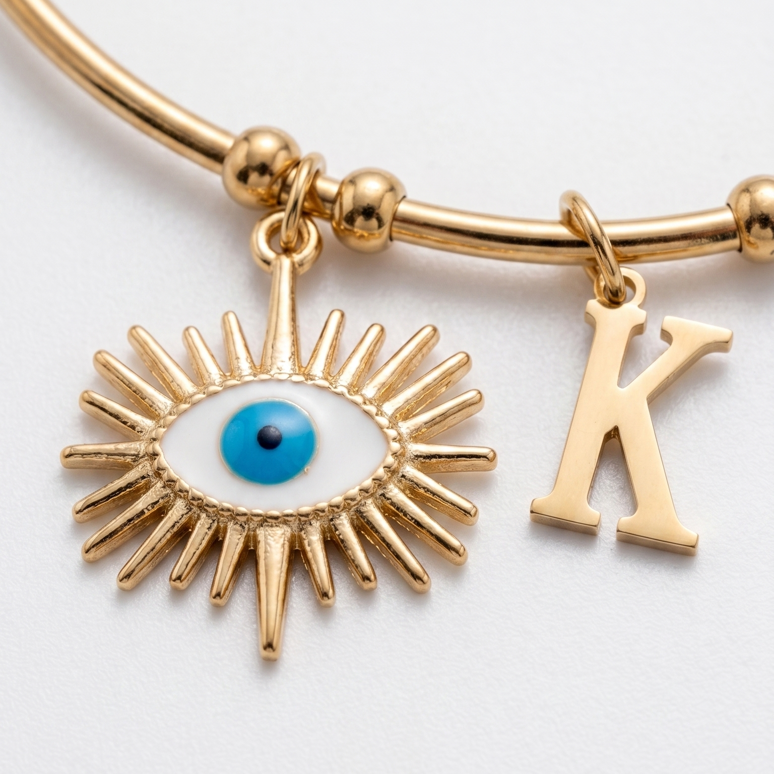 Personalized Evil Eye Charm Bangle | White