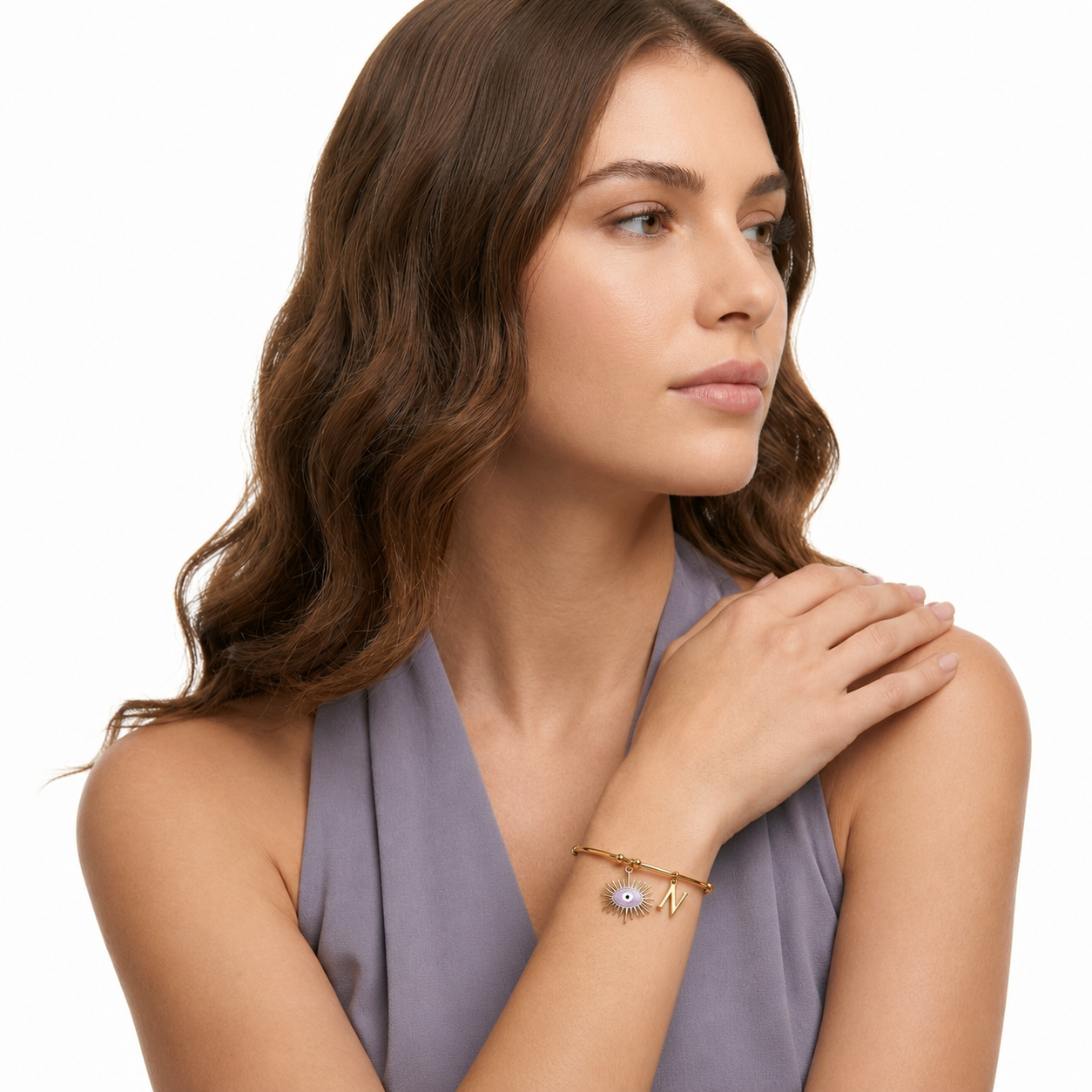 Personalized Evil Eye Charm Bangle | Lavender