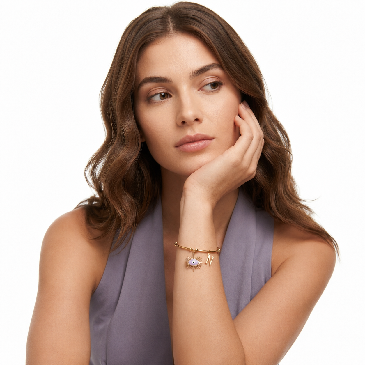 Personalized Evil Eye Charm Bangle | Lavender